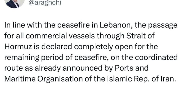 اعلام آزادی تردد در تنگه هرمز در دوره باقی مانده از آتش بس توسط عراقچی